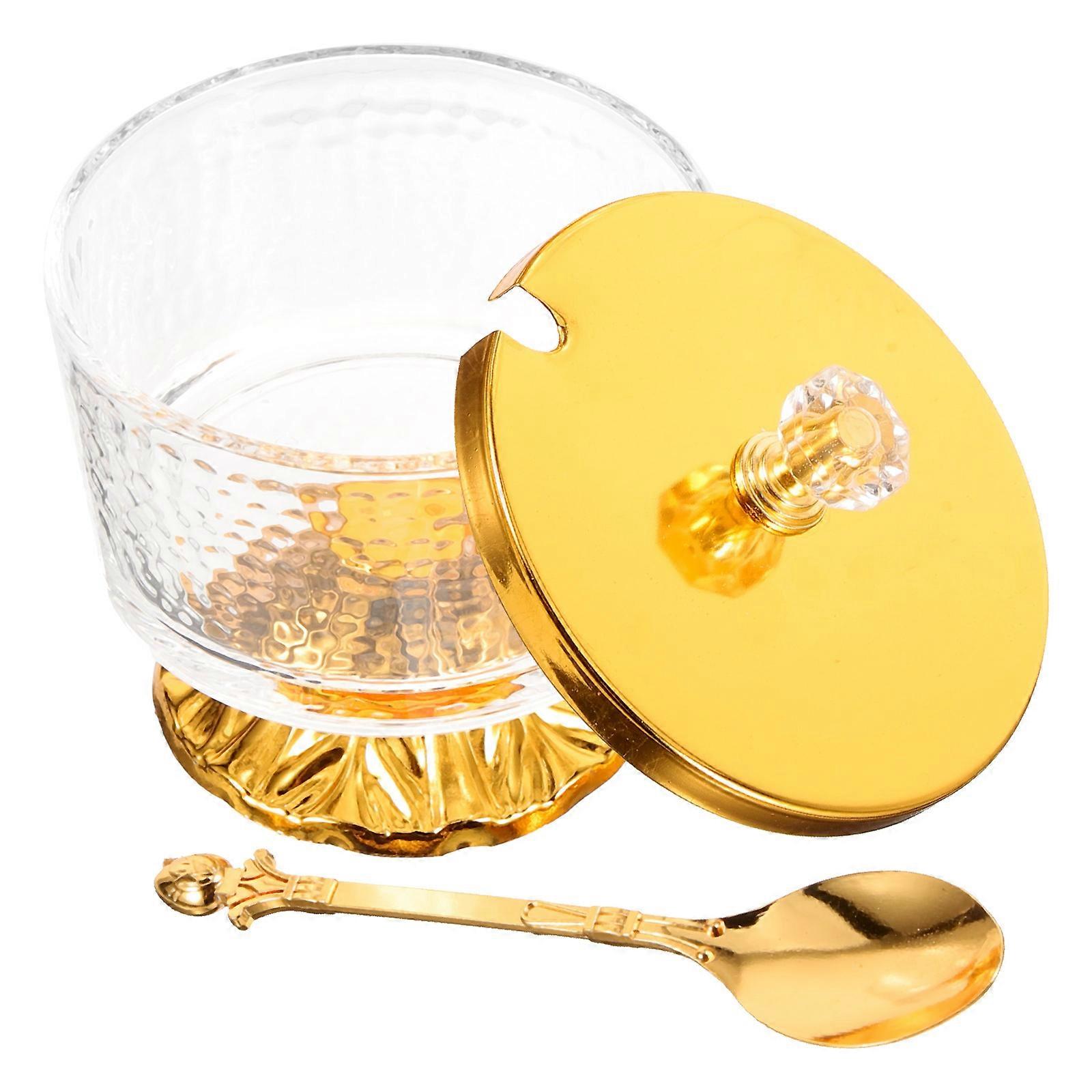 Golden Glass Sugar Container with Lid and Spoon for Home Use Elegant European Style Design Fits Countertop 7.5 Inches
