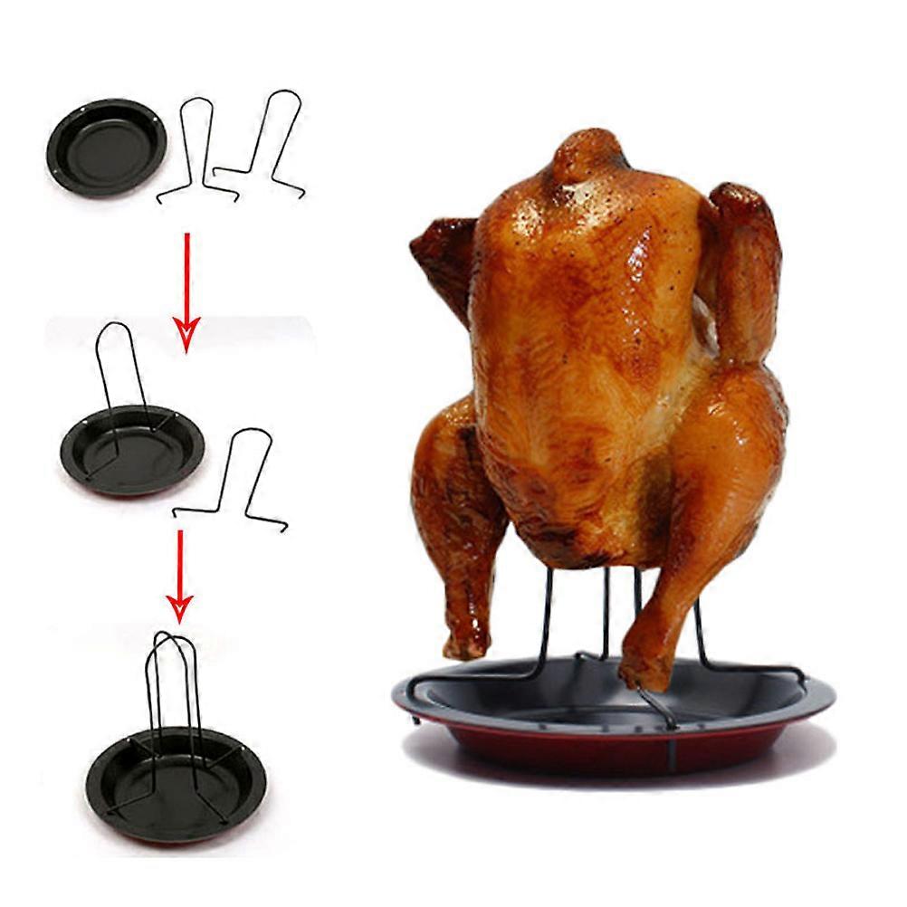 Portable Vertical Chicken roaster Rack in Carbon Steel Nonstick Perfect for Outdoor BBQ with Pan 19x17cm