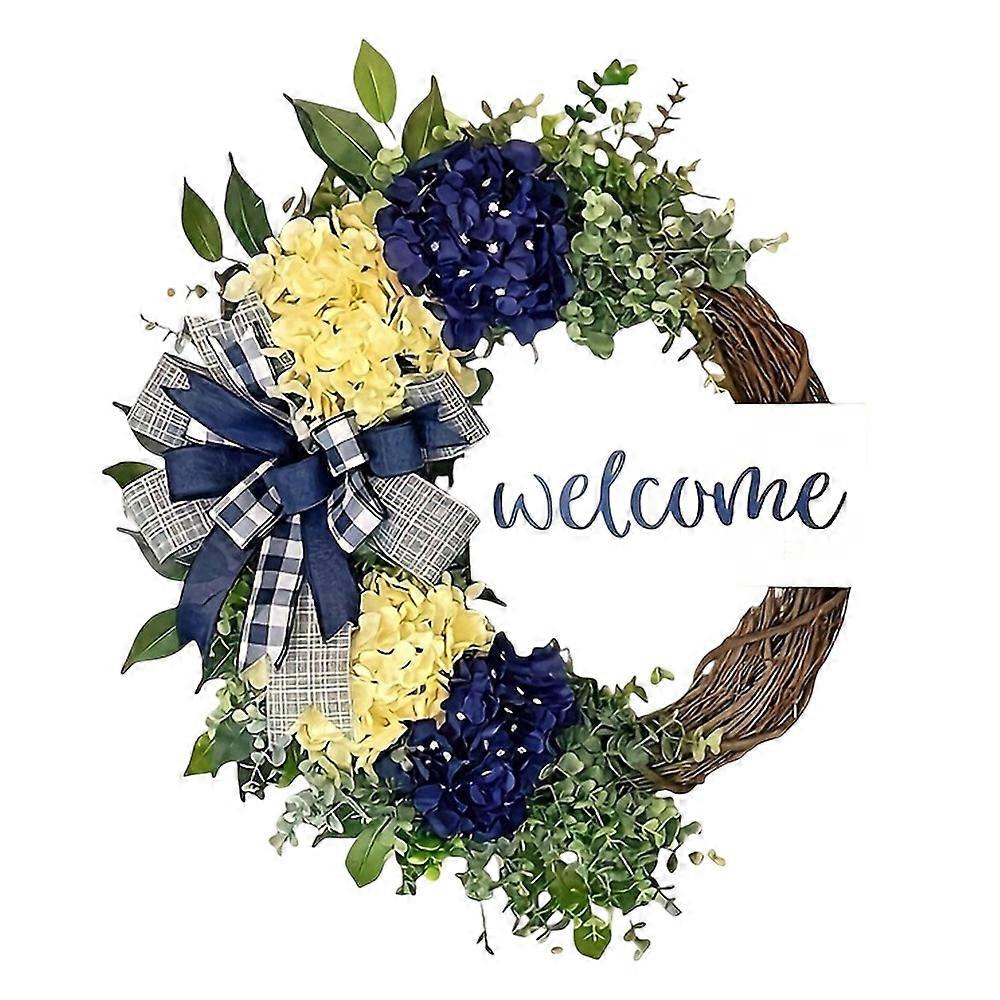 Hydrangea Welcome Wreath For Front Door Farmhouse Decor With Bow Removable Sign