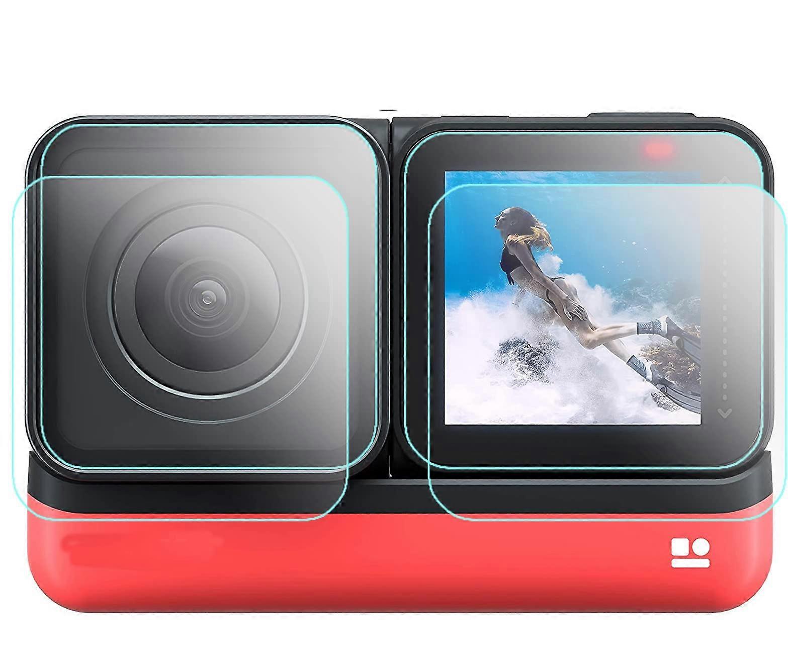 360 ONE RS Screen Protector Compatible for Insta360 ONE R/RS Action Camera 4K Wide Angle Tempered Glass Films (2 Pieces Lens and 2 Pieces LCD Screen).