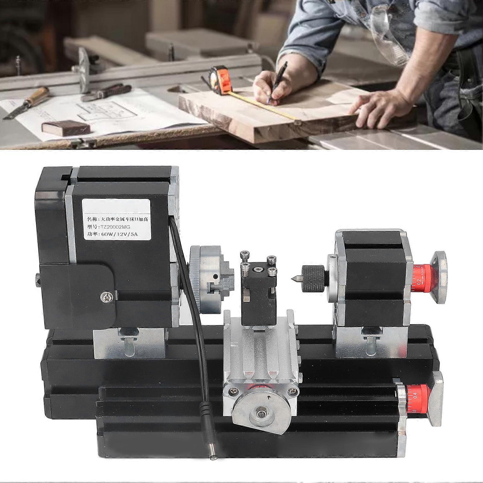 12VDC 60W 12000RPM High Power Micro Lathe Machine Metal Rotating Lathe with Drill Chuck 100‑240VEU Plug 