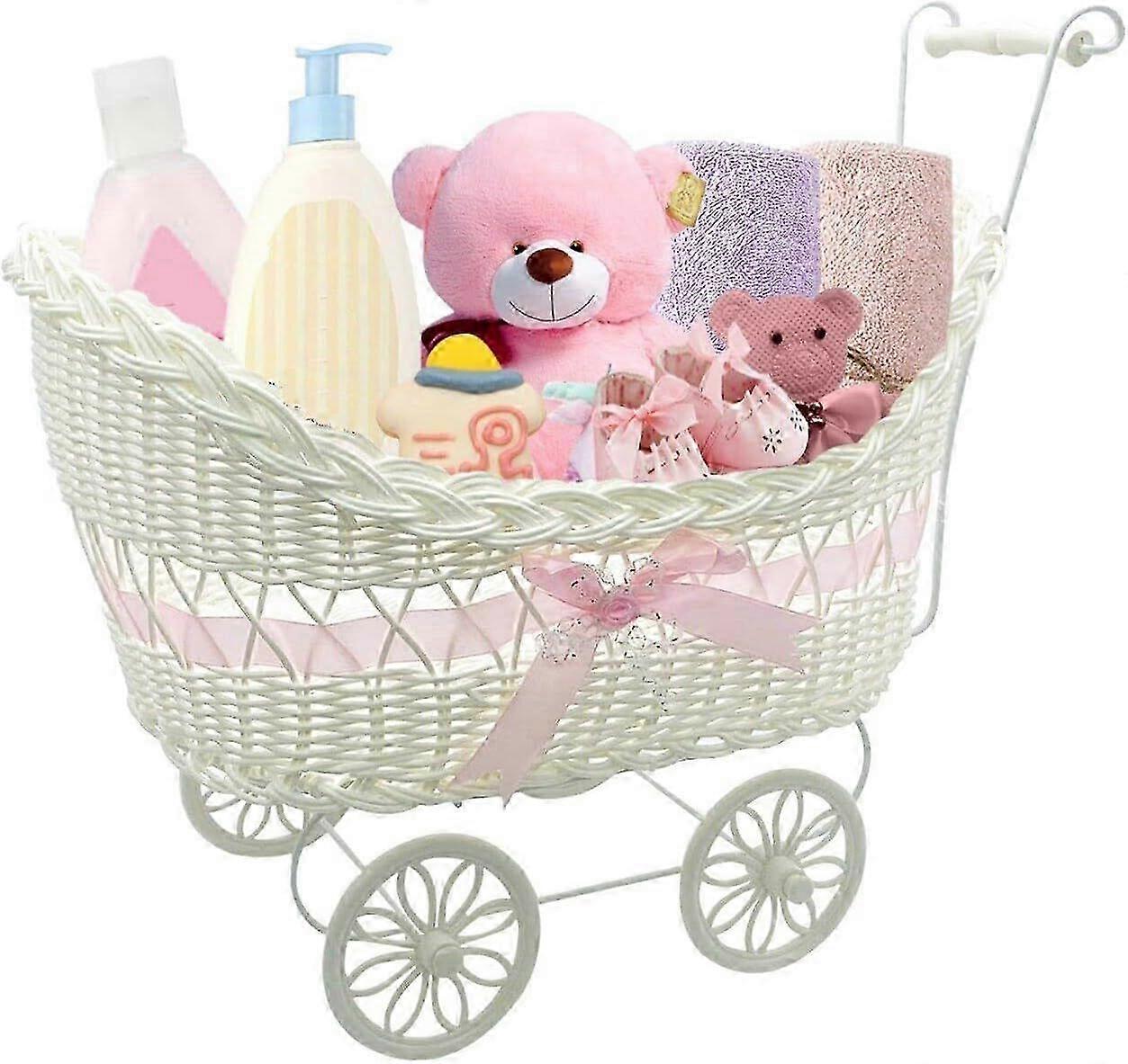 2025 Baby Pram Hamper Ψάθινο καλάθι παιχνιδιών με λαβές και τροχούς Υπέροχο δώρο για ντους μωρών αγοριών και κοριτσιών ή δώρα νεογέννητου μωρού (ροζ)