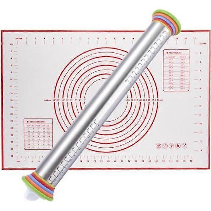 Non-Stick Silicone Baking Mat Dough Mat with Adjustable Stainless Steel Rolling Pin Red