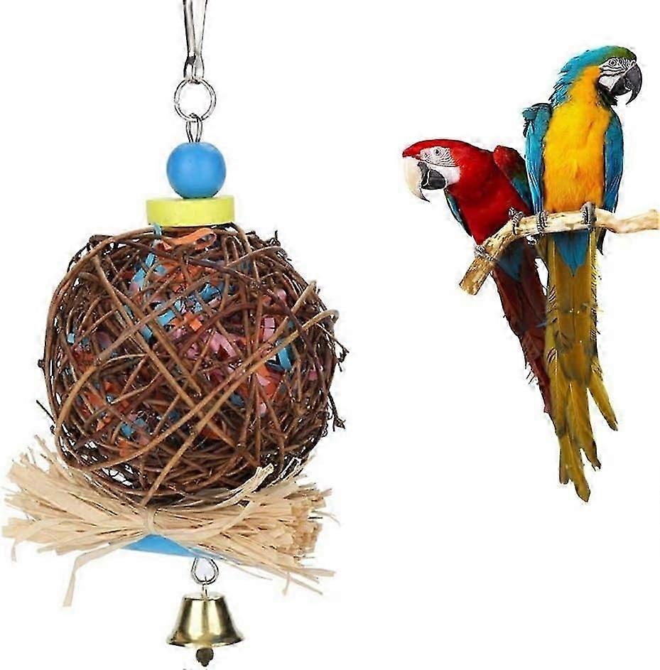 Bird Parrot Toy, Bird Chew Toy, Natural Rattan Ball with Paper Strips and Metal Bell, Bird Parrot To
