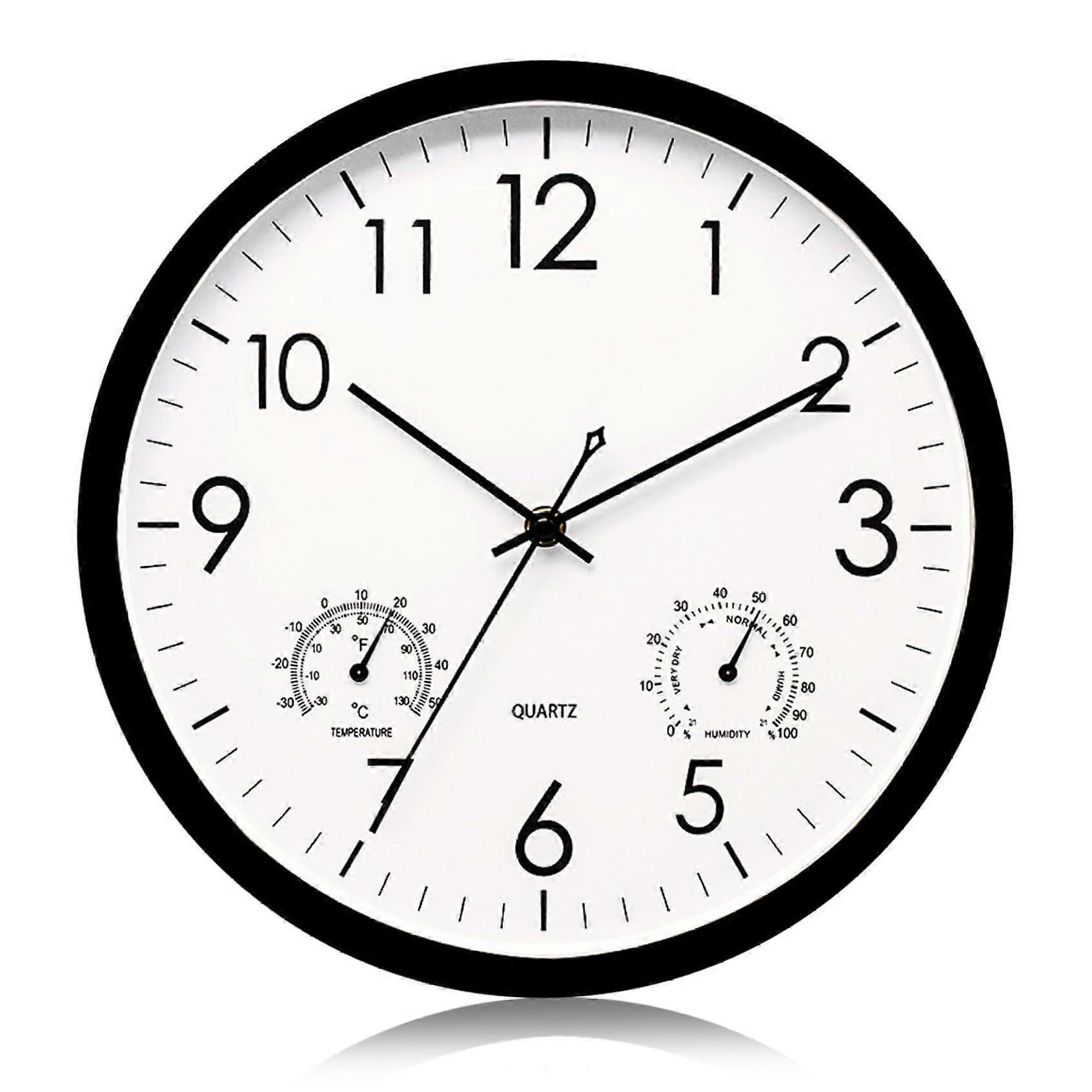 Outdoor Clock With Temperature & Humidity, 12Inch BatteryOperated, Waterproof Black Round Quartz