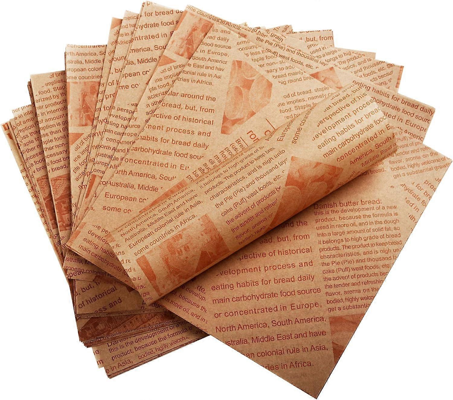 POWKOL 200 Pcs 7x7 Inch Deli Wax Paper Sheets, Old Newspaper Style Greaseproof Liners for Small Food Baskets and Plates (Brown)