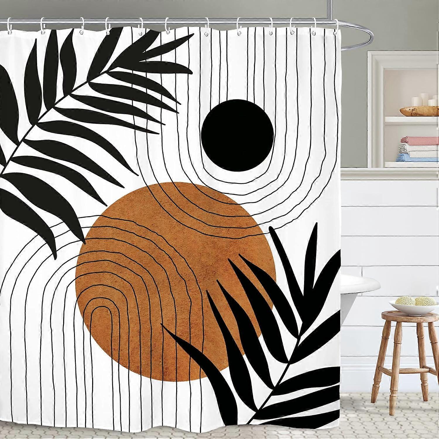 Abstract Mid Century Shower Curtain 60x72 in Boho Modern Geometric Burnt Orange Sun, Polyester Fabric with 12 Plastic Hooks, Waterproof Decor