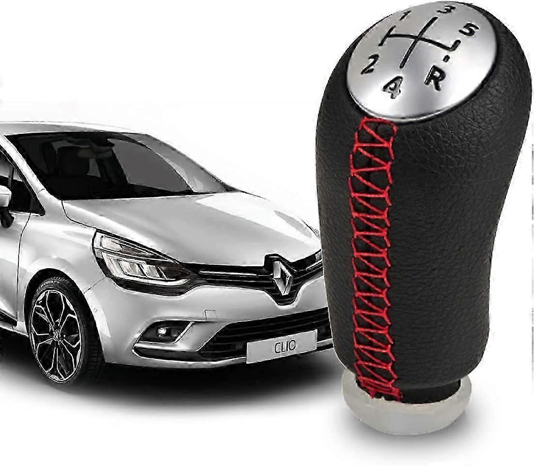 Clio 3 Gear Knob, Leather and Red Stitching, 5 Speed Gear Lever for Laguna/Megane 2 / Clio 3 / Clio 4 / Scenic/Kangoo