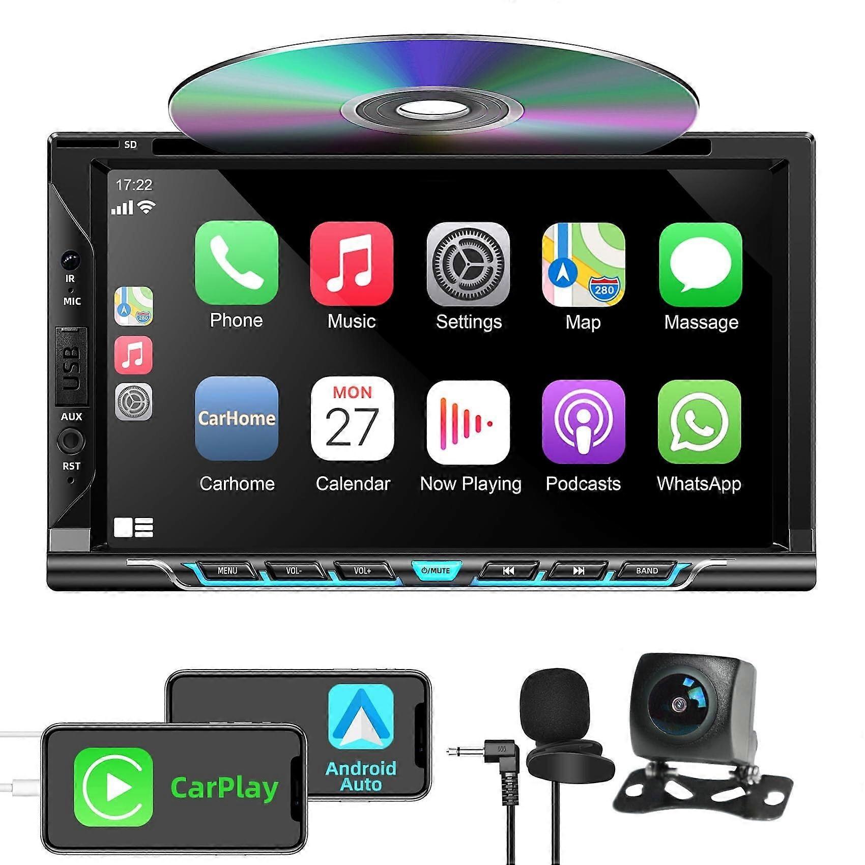 Double Din Car Stereo with Carplay&Android Auto,7 Inch HD Touchscreen Car Radio Support CD DVD Player,Bluetooth,Backup Camera,Mirror Link,USB/TF/AUX