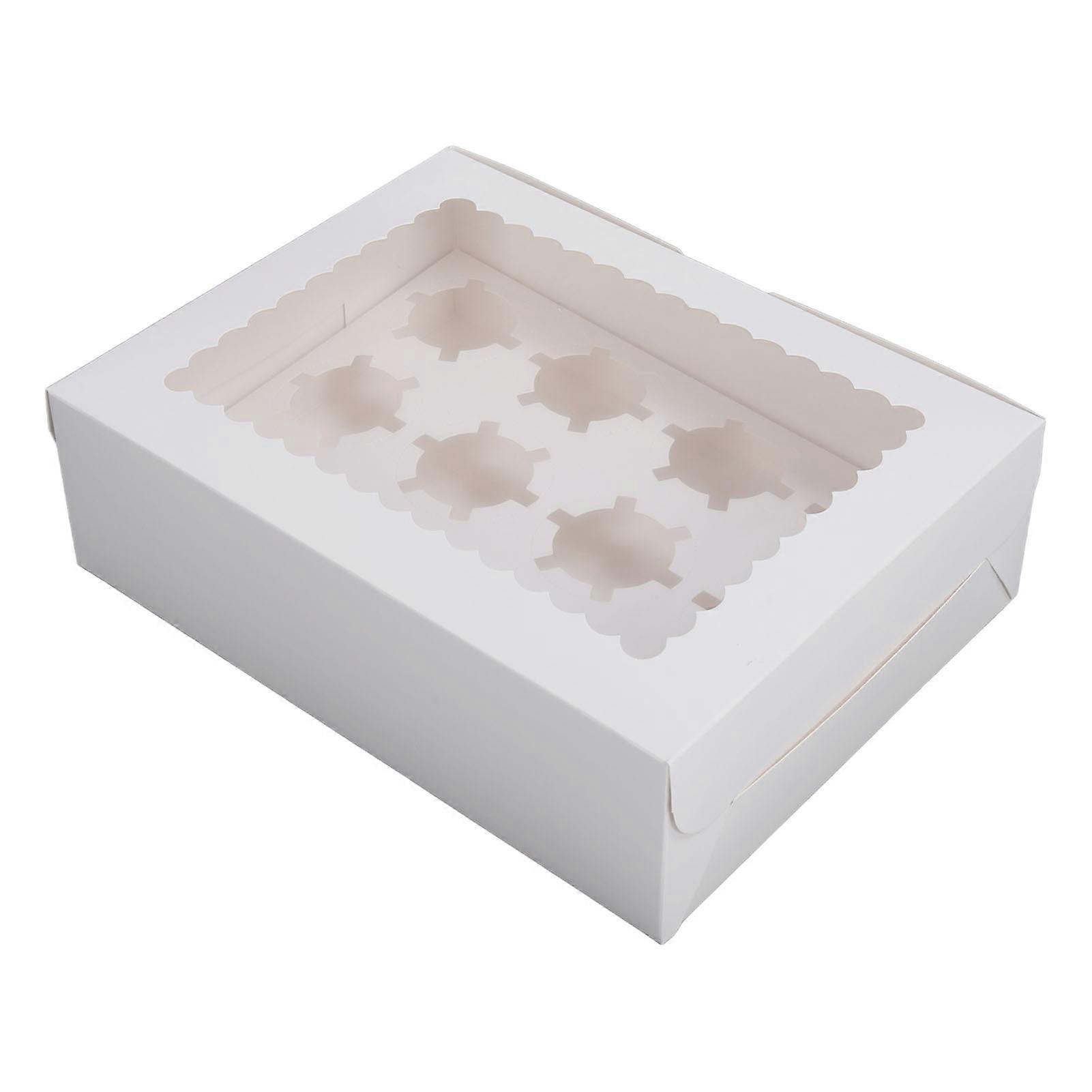 6PCS Set Cupcake Container 12 Holes Cardbord Bakery Pastry Carrier Box with Transparent Window White Cardboard