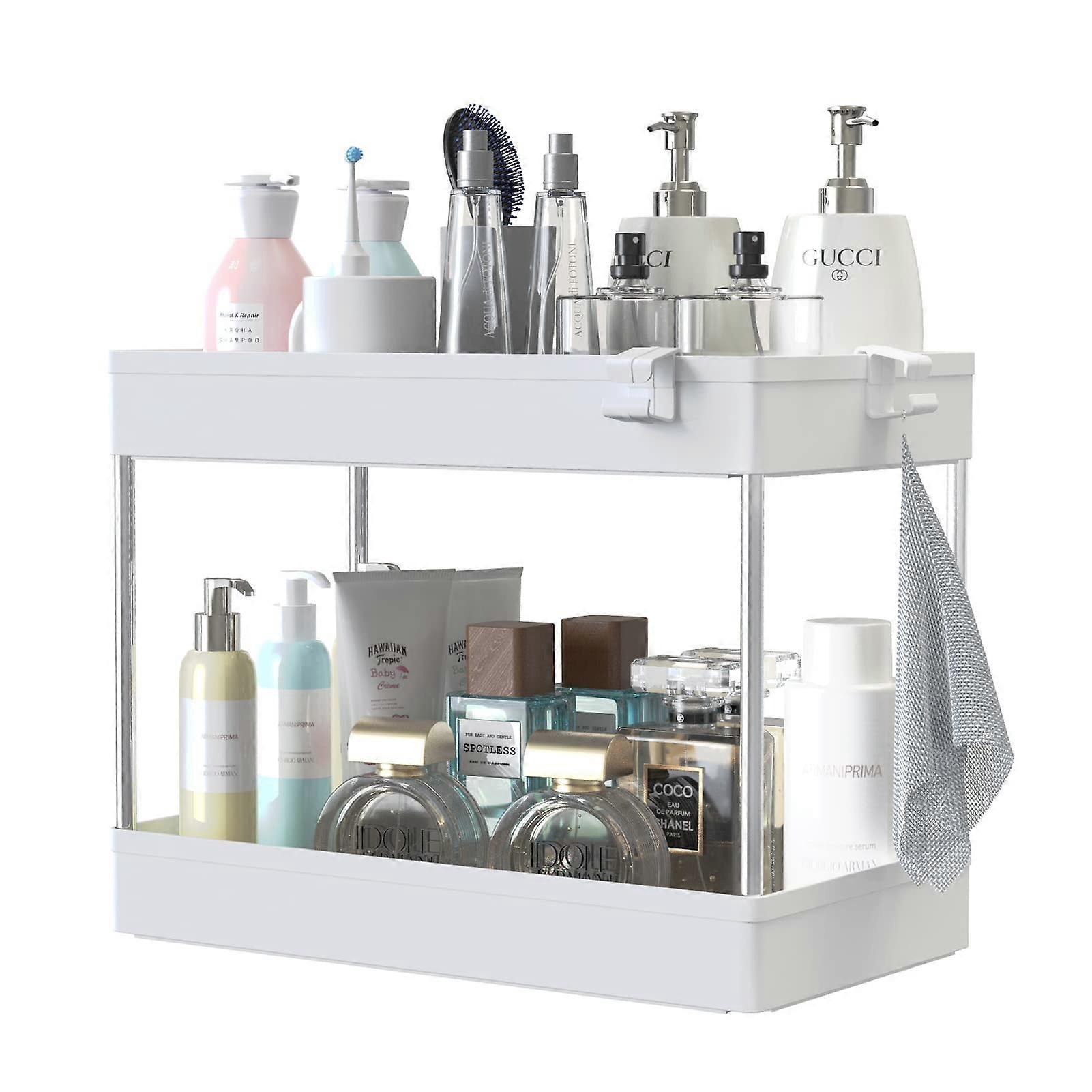 Multifunctional 2tier Storage Rack White Finish for Kitchen Countertop and UnderSink PullOut Organizer, Spice Rack