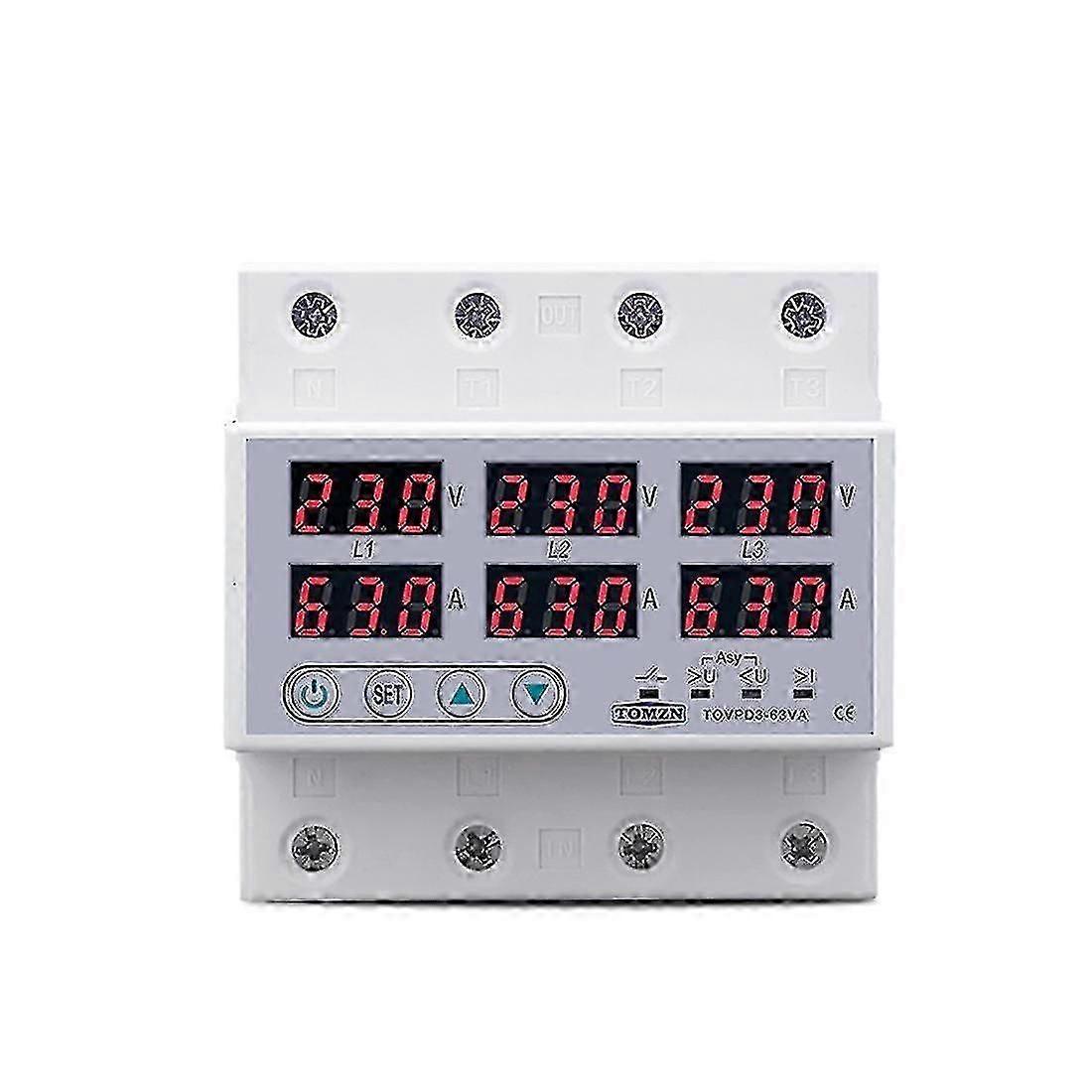 Tomzn DIN Rail 3-Phase Voltage Relay, Over and Under Voltage Monitor with Voltmeter/Ammeter