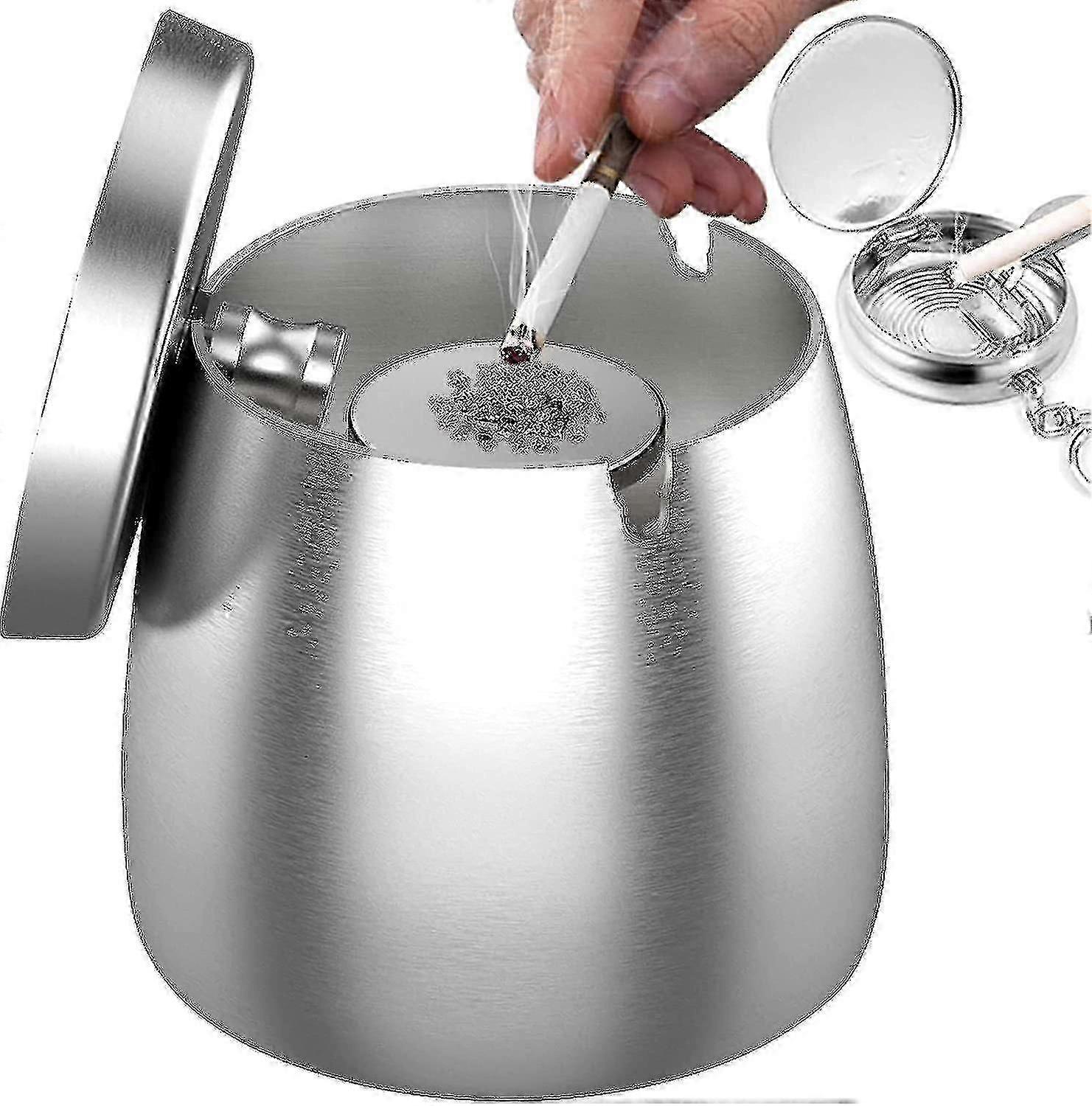 Cendrier coupe-vent pour usage extérieur, en acier inoxydable avec couvercle et base antidérapante.