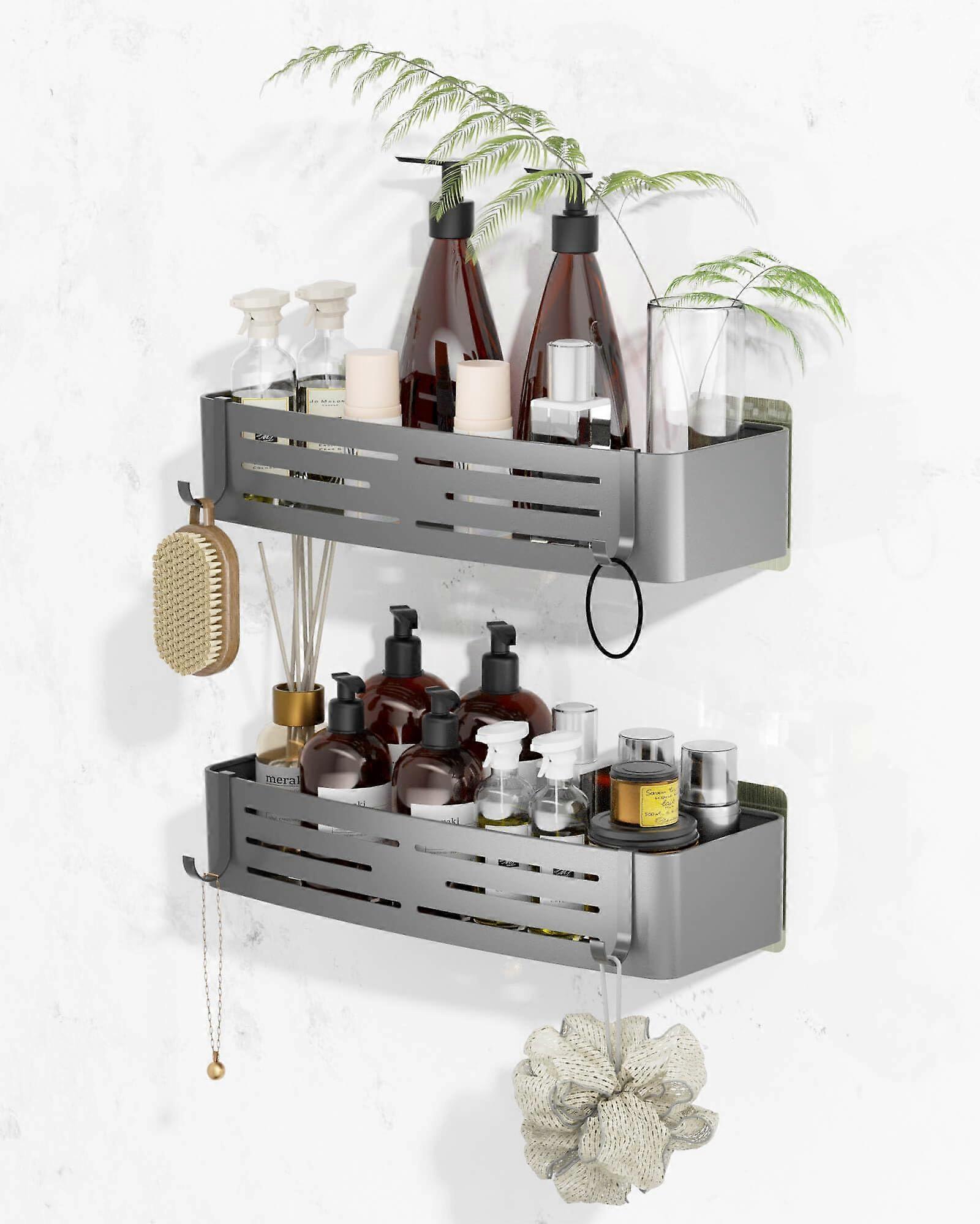 Rustproof Adhesive Shower Caddy 2Pack, No Drill Aluminum Bathroom Shelf Organizer with Hooks, Grey