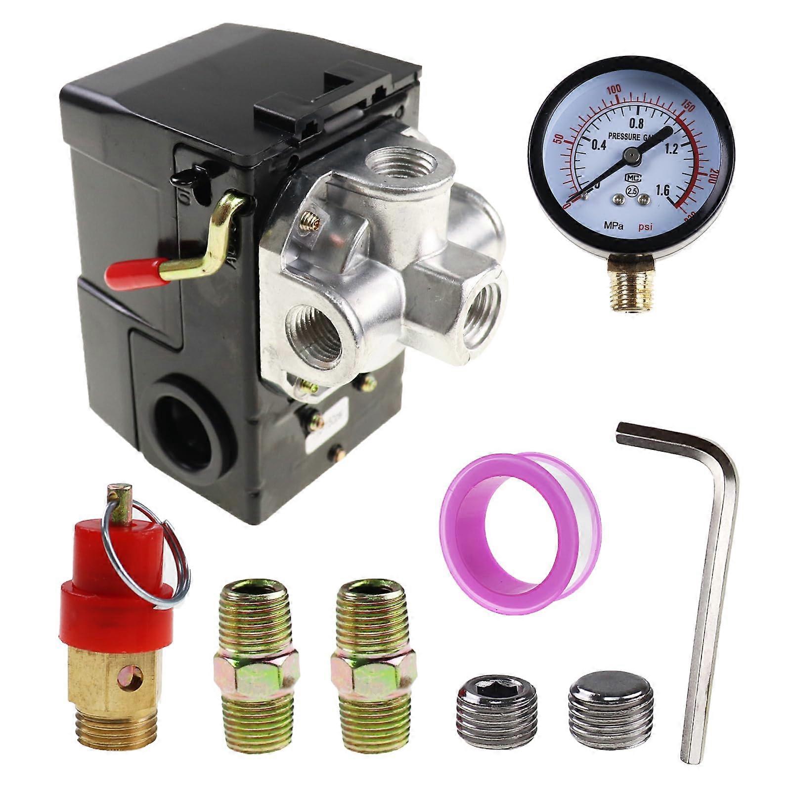 110150 PSI Air Compressor Pressure Switch Control Valve 4Way Kit with Gauge and Safety Relief Valve