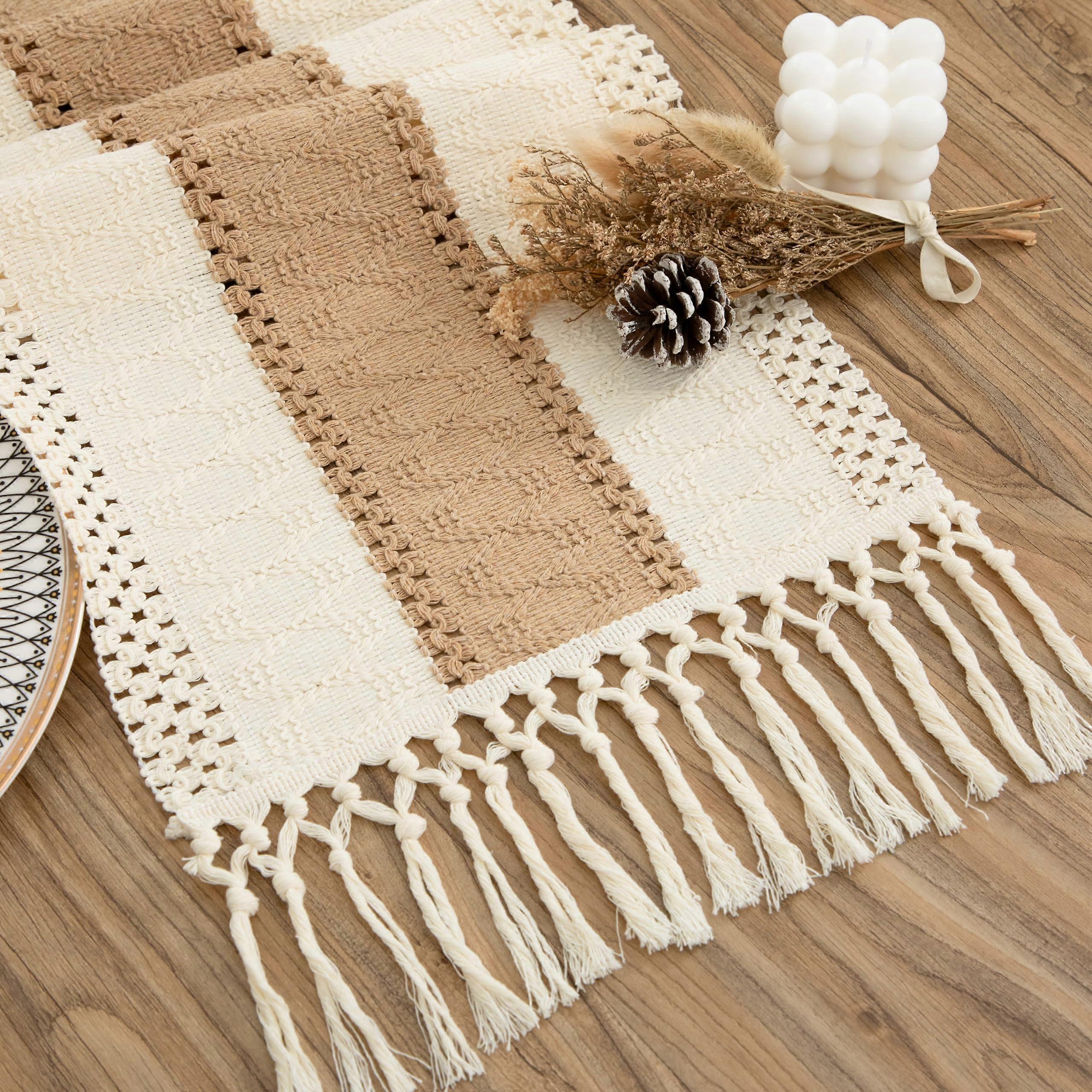 Boho Cotton Linen Table Runner with Tassels 12x72 Rustic Farmhouse Dining Table Decor Brown