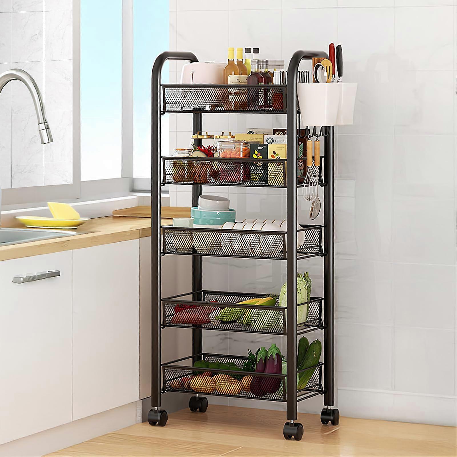 5 Tier Rolling Fruit Vegetable Storage Basket with 360° Wheels, Stackable Metal Mesh Kitchen Organizer