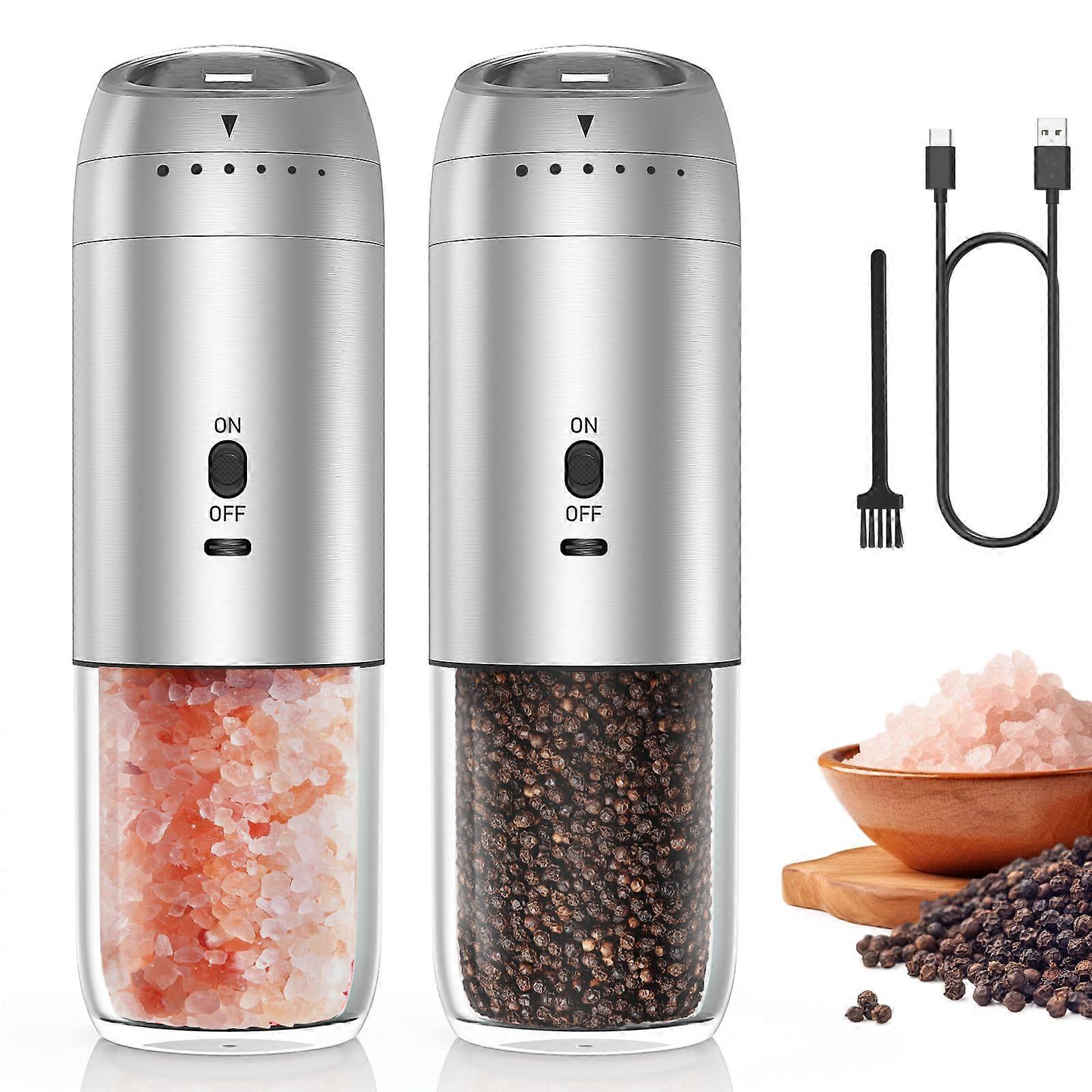 Electric Salt and Pepper Grinder Set, Gravity Automatic with LED Light, Adjustable, TypeC Rechargeable, Large Capacity, 2 Pack Stainless Steel