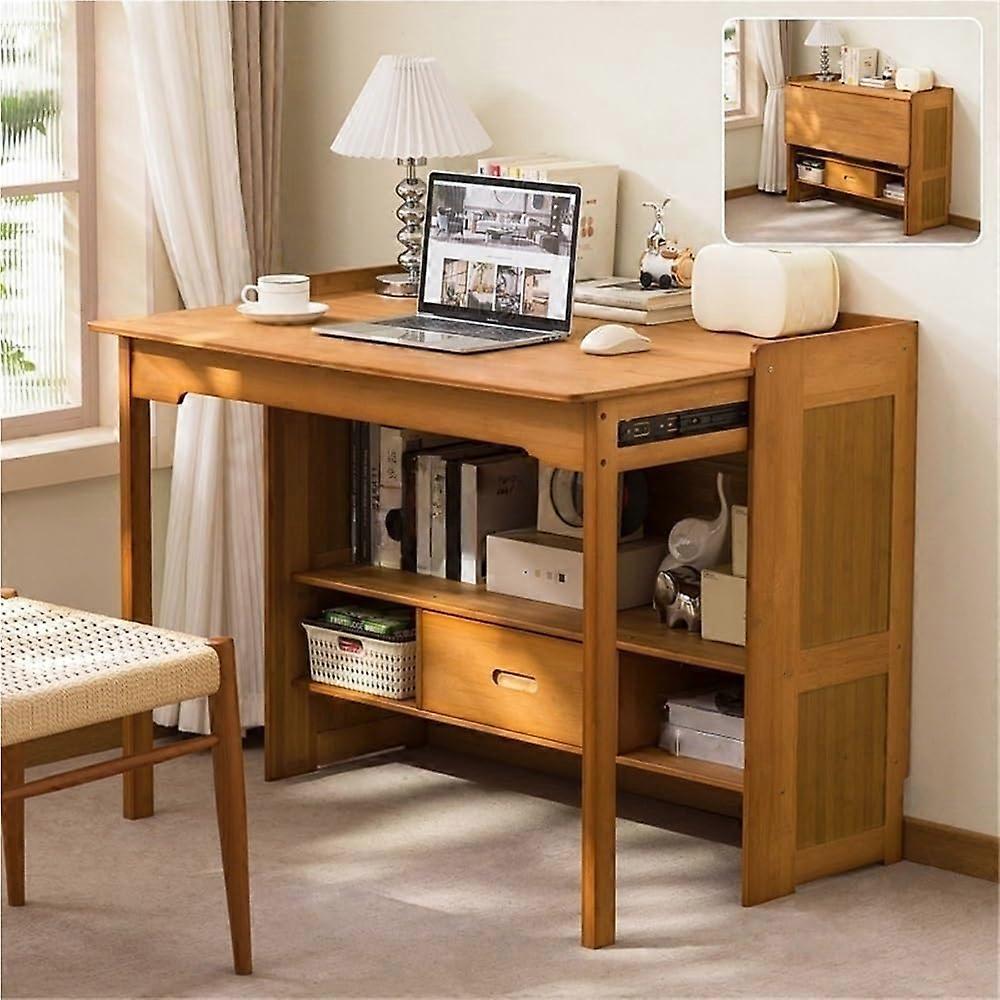 Folding Desk with Storage, Solid Wood Space Saving Computer Table with Drawers for Small Home Office, Brown 97cm