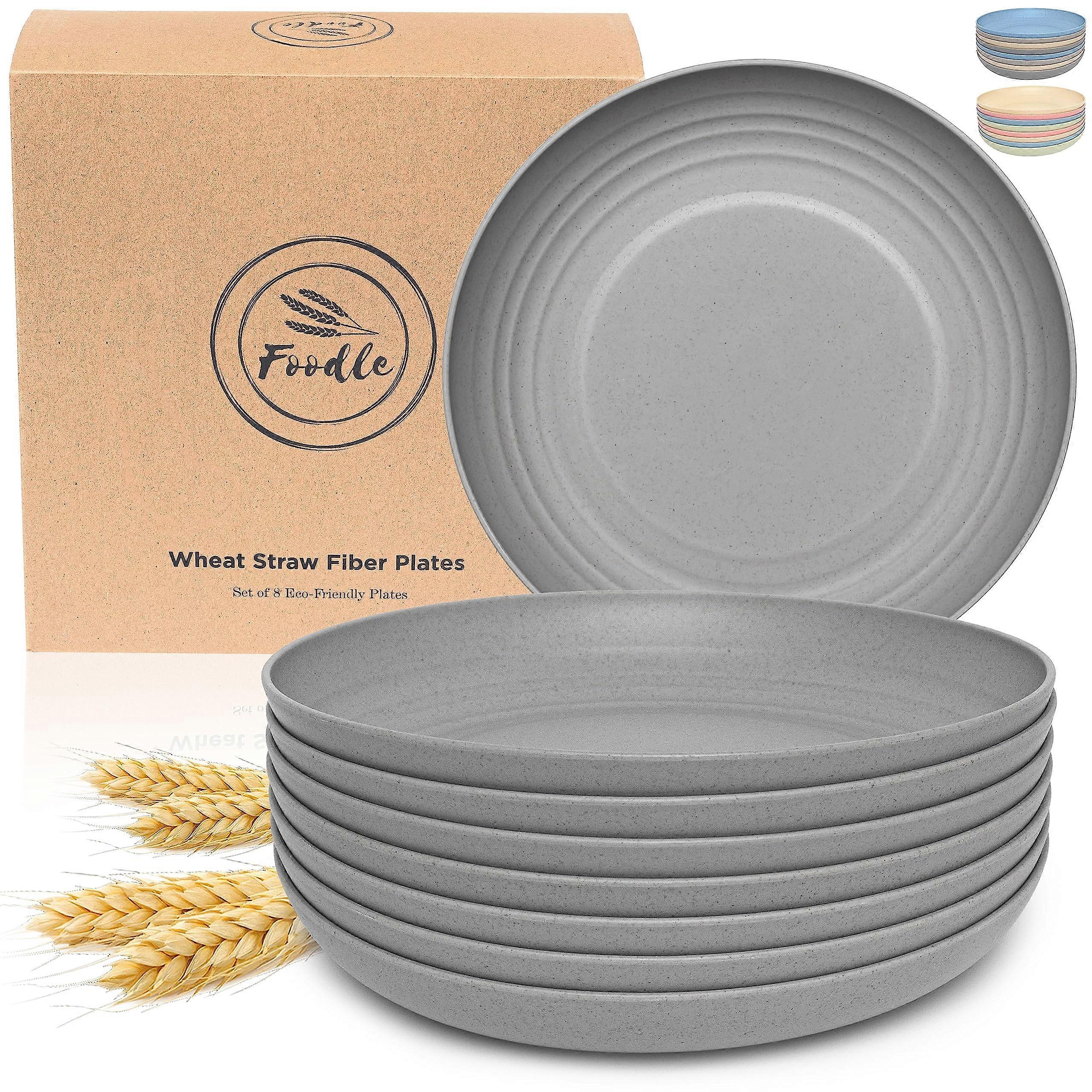 Large Wheat Straw Plates Set 8pcs Gray, Unbreakable Microwave Dishwasher Safe EcoFriendly Dinnerware
