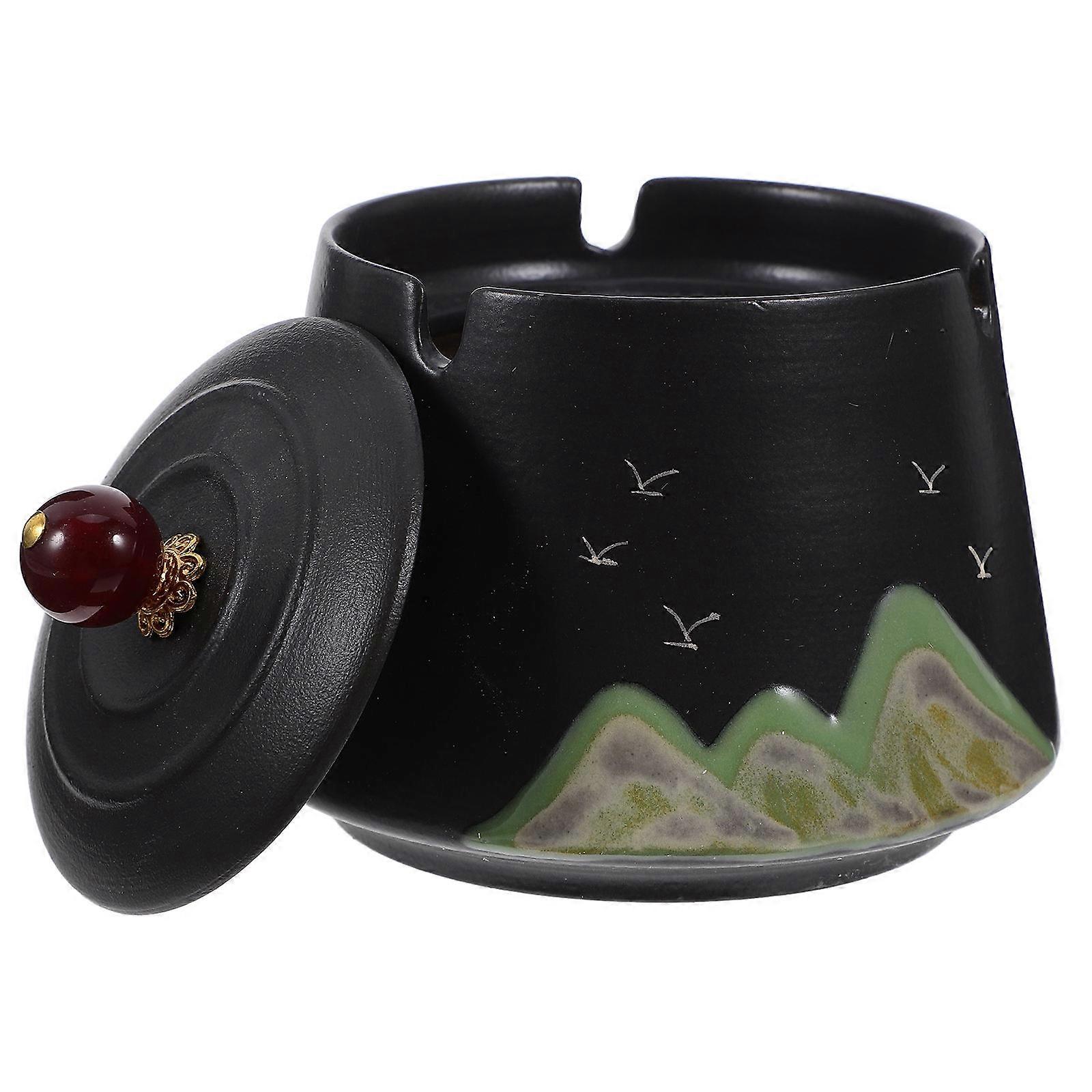 Ceramic Ashtray with Lid for Smokers Windproof Design