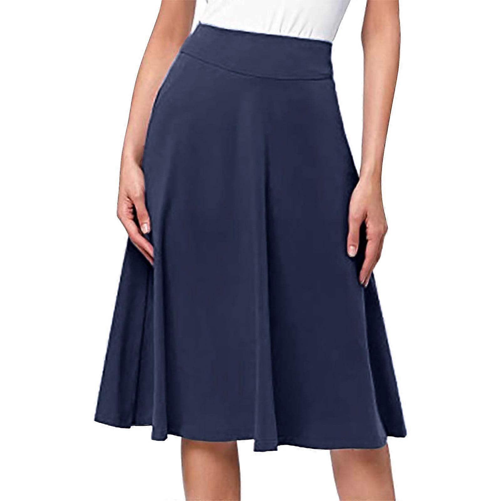 Simple Comfy Basic Solid Color Stretch A Line Flared Knee Length Skirt (Blue,XXL)
