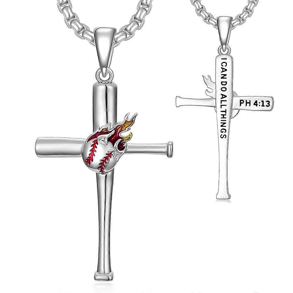 Baseball Cross Pendant Necklace, Flame Design with Scripture
