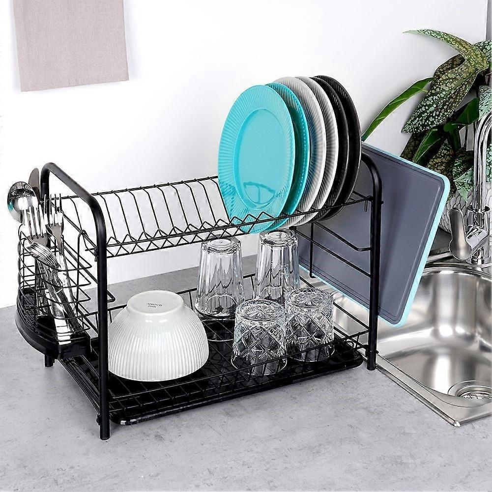 Space-saving black dish rack with drip tray
