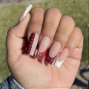 Christmas Press On Nails Set Red Matte Square French Tip Snowflake Design 24PCS ReadyToWear