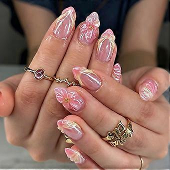 30Pcs/Set 3D Flower Press On Nail with Pink Blush Gradient, Almond Shape Glossy False Nail Set with White and Gold Swirl Art Design for Women Daily