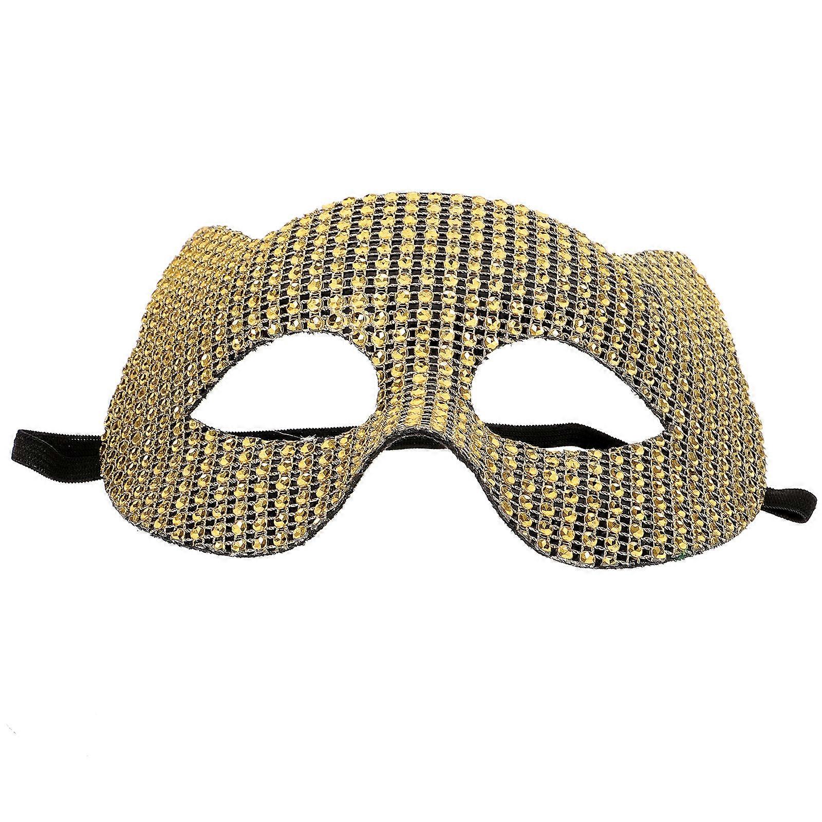Masque de chat doré pour festival, accessoire de décoration orné de strass.