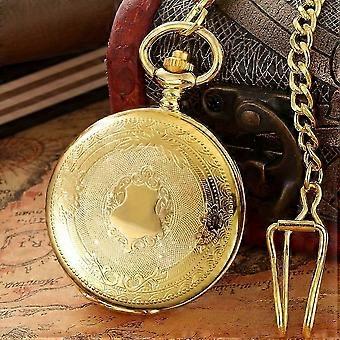 Vintage Gold Alloy Pocket Watch Floral Lid Roman Dial Quartz with Chain