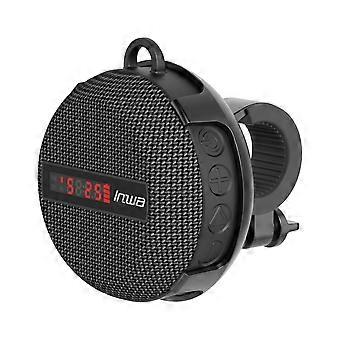 Bluetooth-fietsluidspreker met bevestiging voor het stuur en LED-display voor tijd en snelheid.