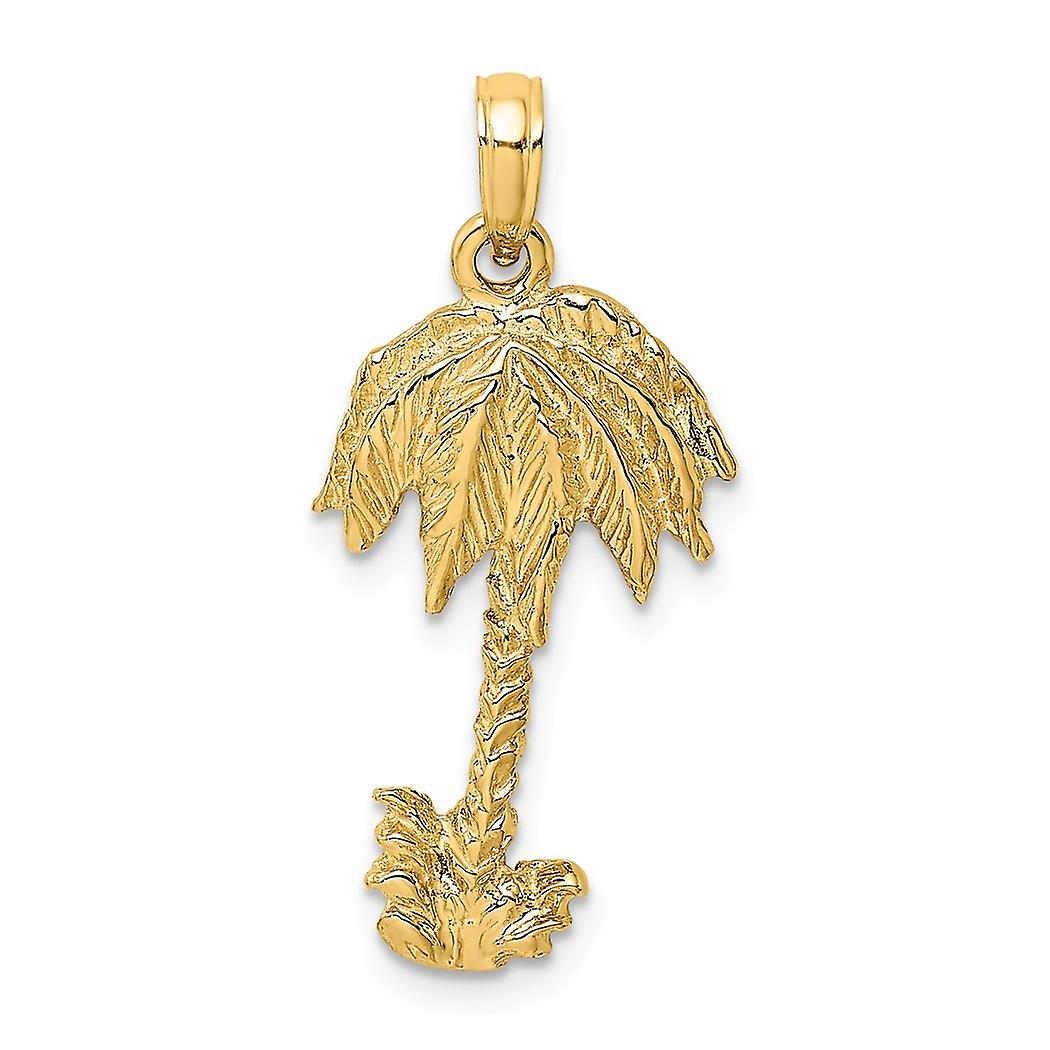 14.1mm 10k Solid Yellow Gold 2 d Textured Single Palm Tree Charm Pendant Necklace for Women