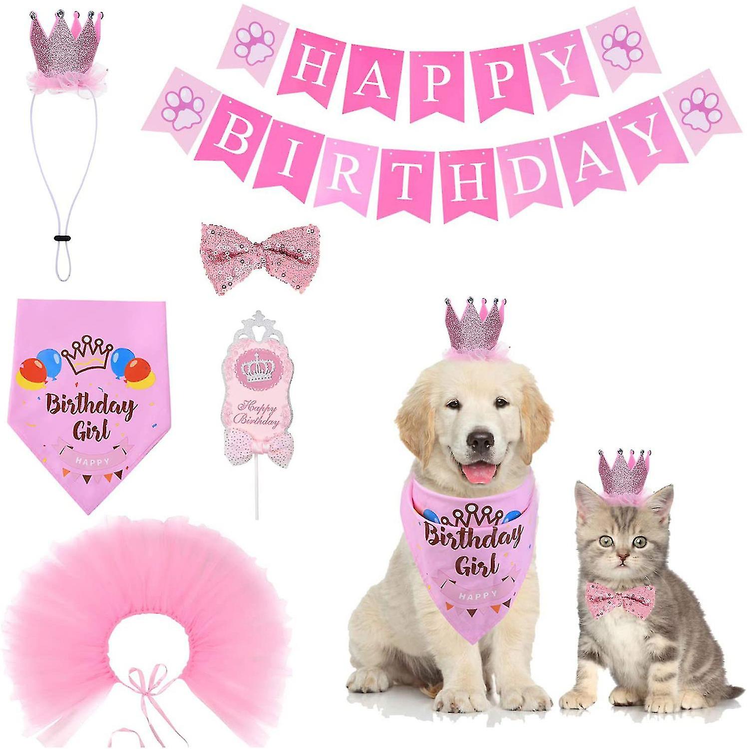 Pet Dog Cat Birthday Party Supplies Tutu Skirt Bandana Crown Headband Set