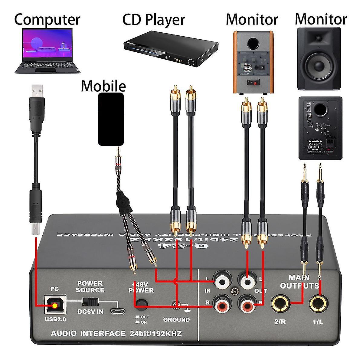 Professional 24bit 192khz Audio Interface 2 Input Sound Card For Electric Guitar Loopback External Studio Pc Recording-hy