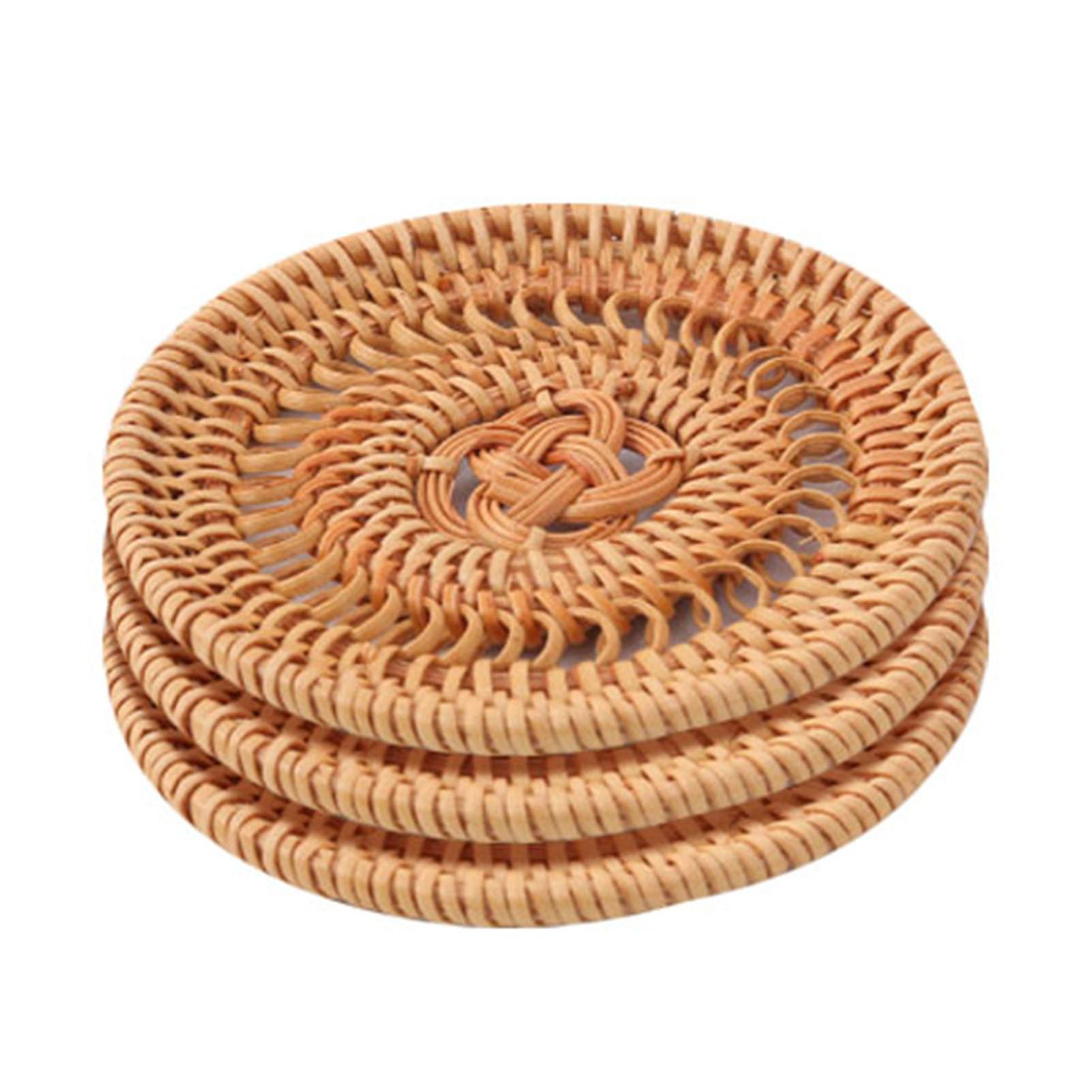 3pcs Woven Rattan Tea Cushion Simple Stylish Rattan Coaster For Cups
