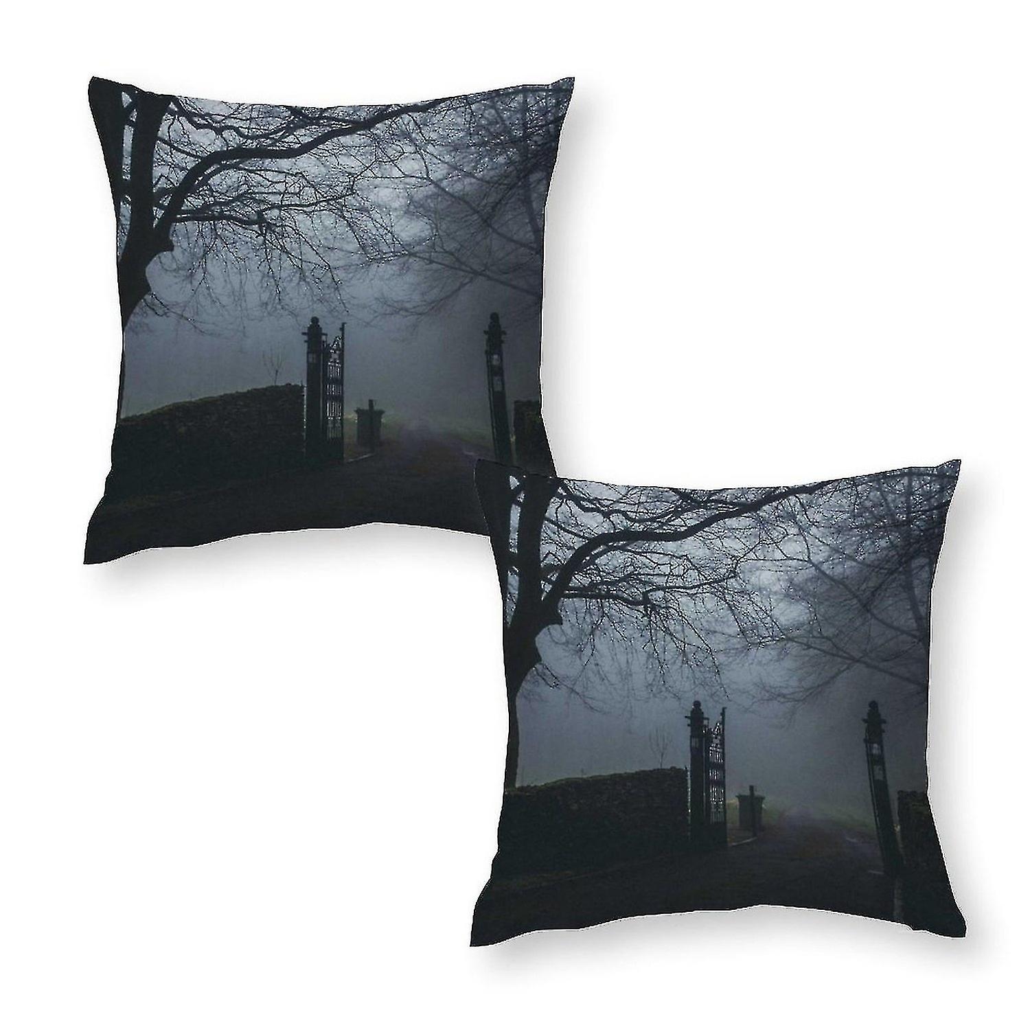 Black concrete road printed pillowcase near forest