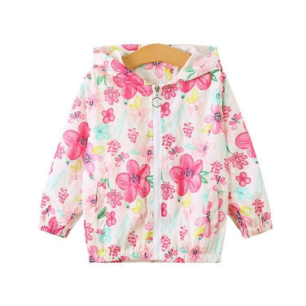 Kids Girls Sun Protective Coat Floral Print Hooded Zipper Elastic Cuffs Coat