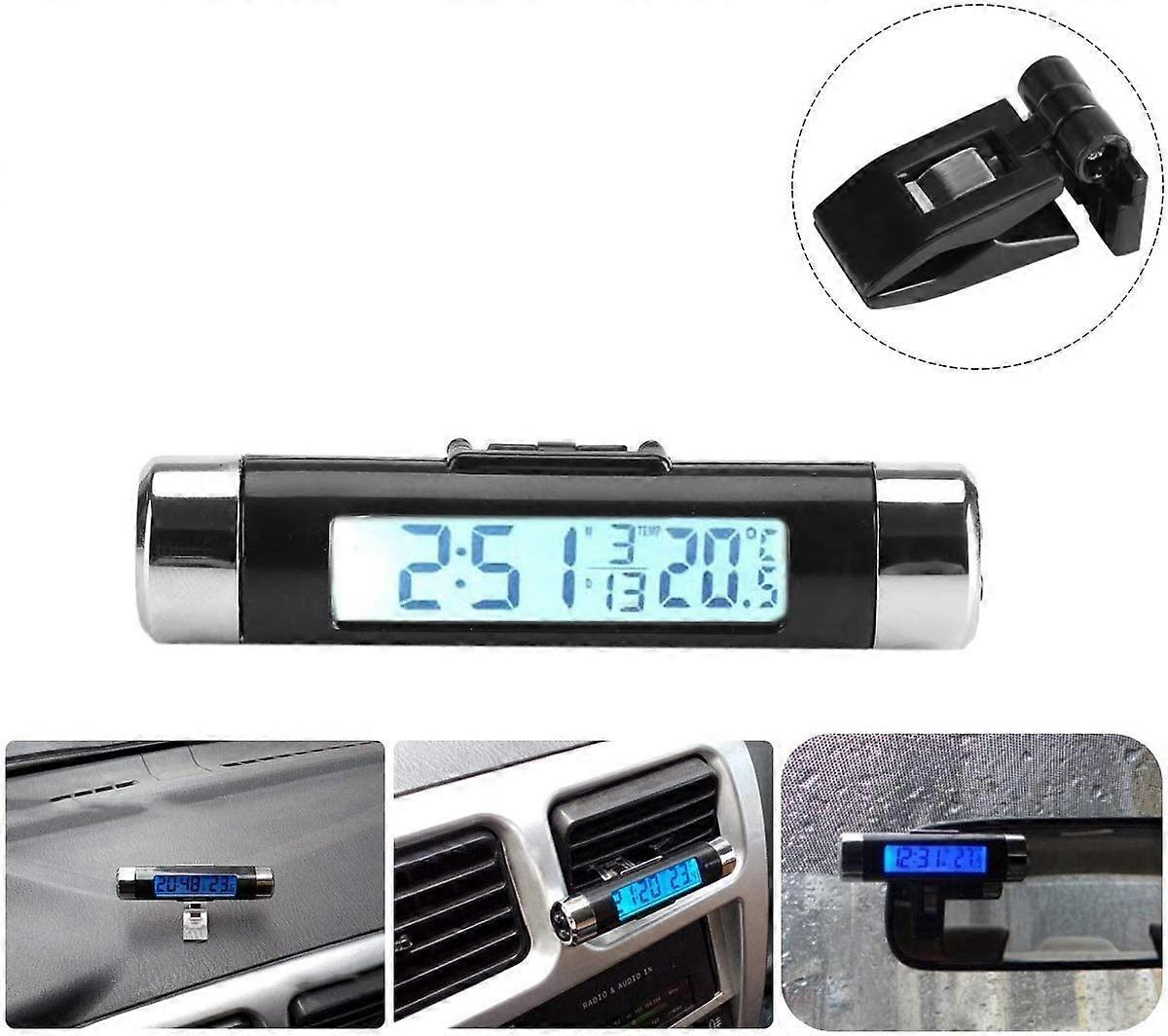 Car LCD Digital Clip Thermometer Clock Digital LED Car Clock Thermometer Vehicle Dashboard Clock Electronic Time Air Conditioning Vent (Blue Backlight