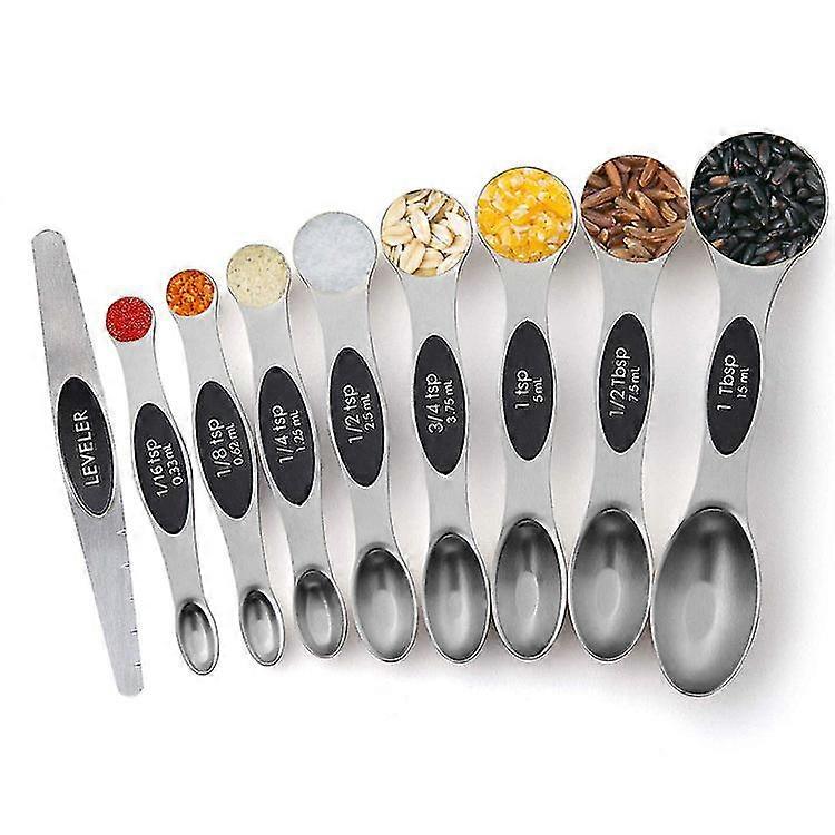 Wabjtam Magnetic Measuring Spoons Stainless Steel Set Of 9 Dual Sided Stackableteaspoon And Tablespoon For Measuring Dry And Liquid Ingredients