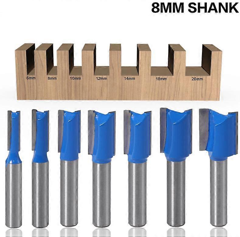 7 Sets Tungsten Carbide Double Flute Straight Cutters with 8mm Shank, Countersink Drill Bits for Woodworking, Silver+Blue