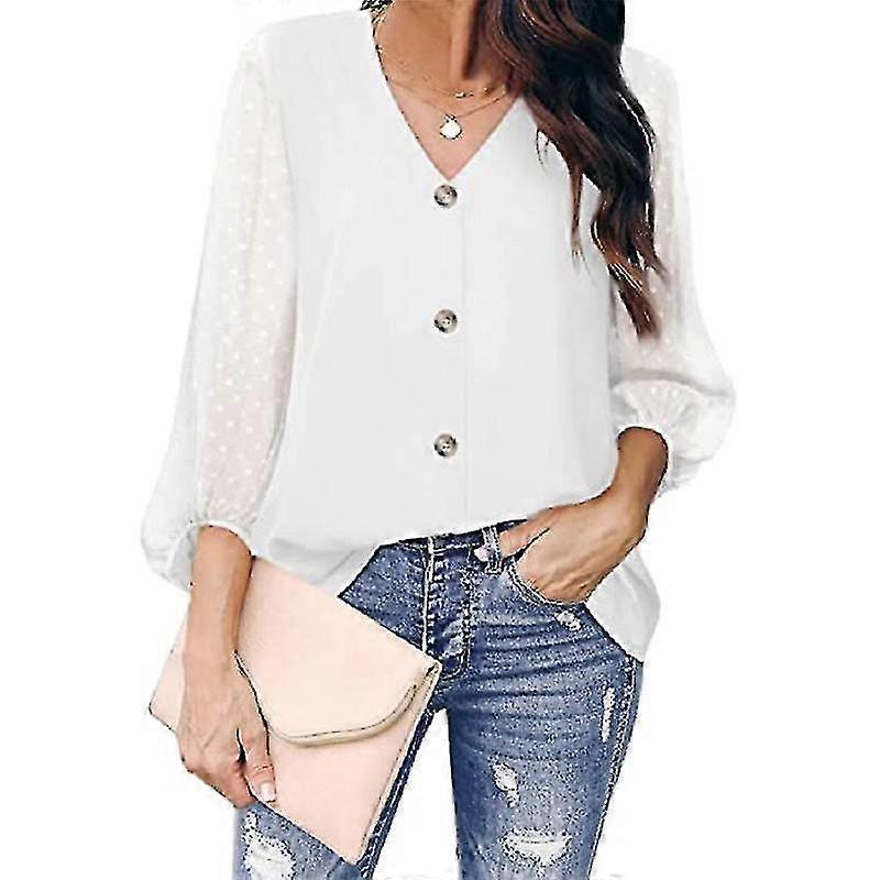 Ladies Blouse Long Sleeve Tops Button Down Shirts Basic Tunic Shirt V Neck
