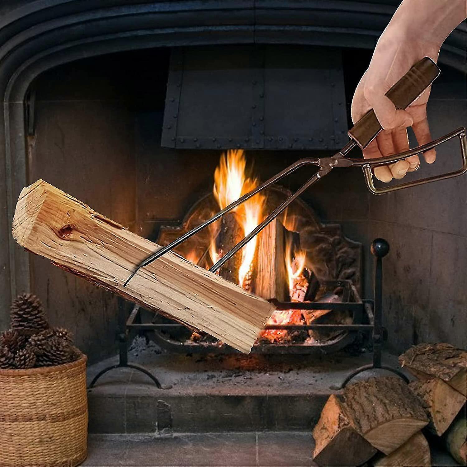 薪トング、40cmヘビーデューティ薪トング暖炉アクセサリーカトラリー暖炉火傷防止薪トングキャンプファイヤー暖炉用ロングヒーター