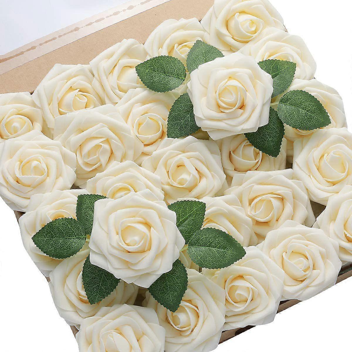 Artificial Flowers, 25pcs Real Looking Ivory Foam Fake Roses With Stems,white Party Tables Decorations