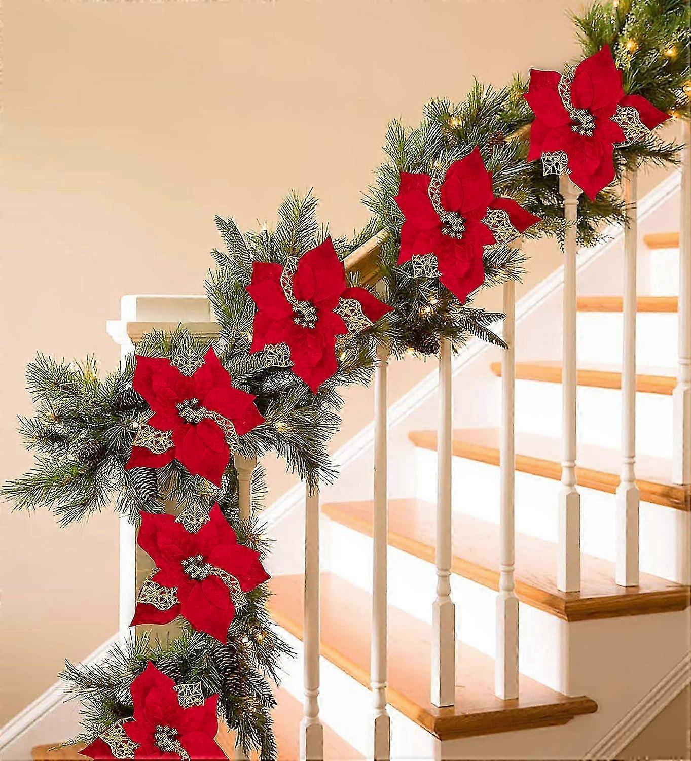 Greentime 16-Pc Glitter Poinsettia Flowers – 6in Artificial Light Red Christmas Decor With Clips & Stems For Tree, Wreath, Party - View #8