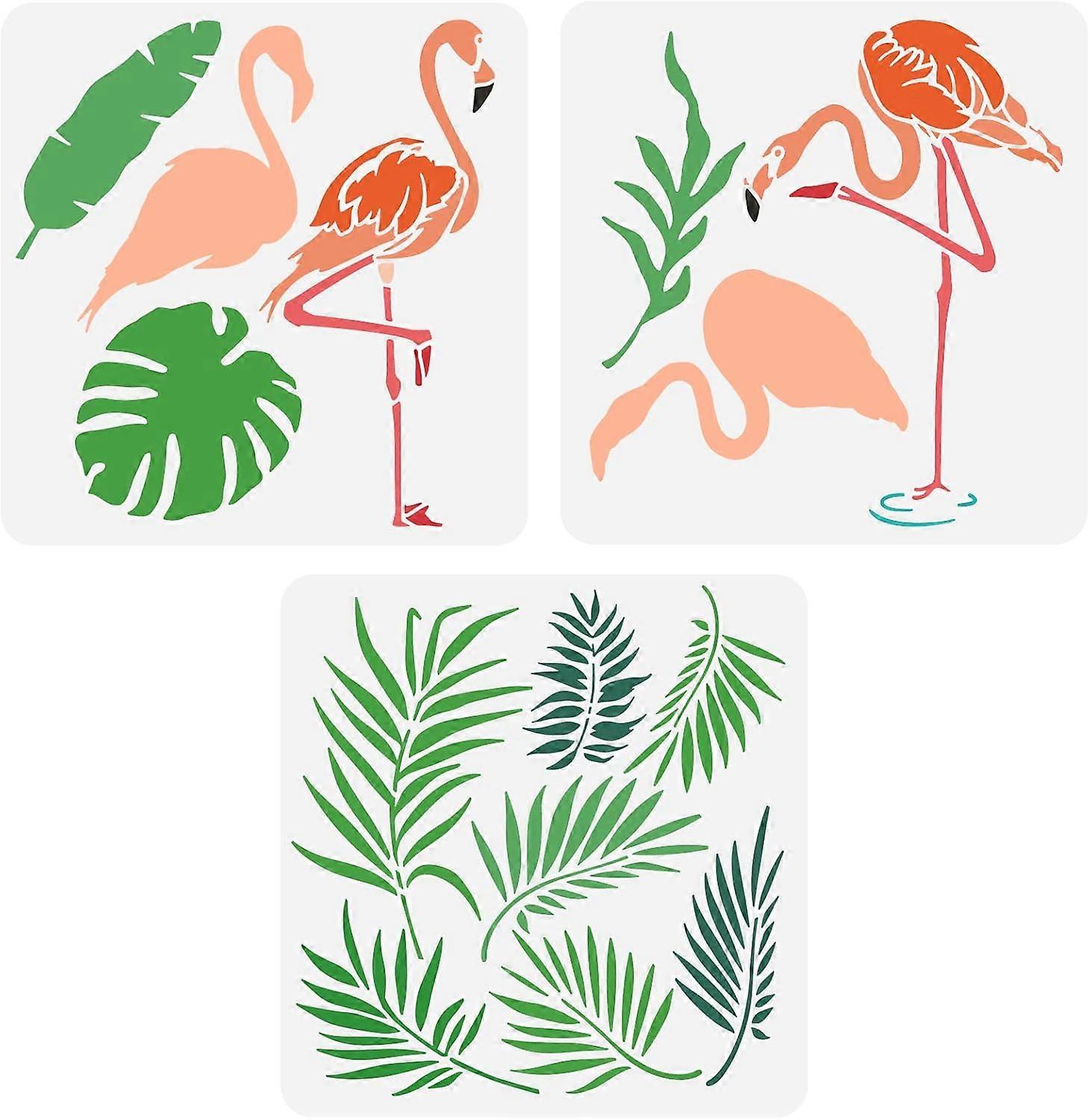 3 Pcs Flamingo Stencils 11.8x11.8inch Layered Flamingo & Leaves Stencil Plastic Flamingo Stencil Reusable Flamingo Leaves Stencils for Painting on Woo