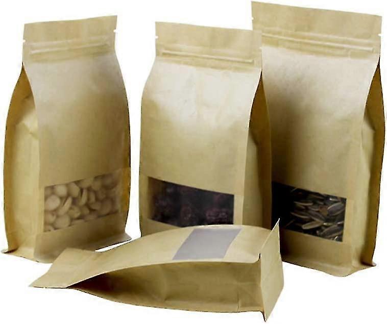 Kraft Paper Stand Up Food Bags, Reusable Ziplock Seal Bags, Kraft Paper Food Storage Pouches, Kraft Paper Food Packing Bag With Transparent Window, 12