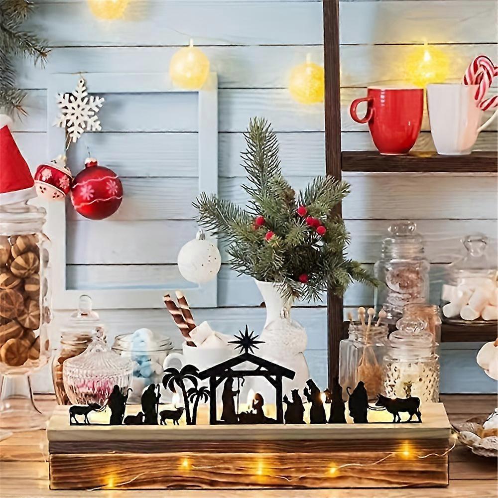 Svart metall julekrybbe sett med trebase, julekrybbe for jul, julekrybbe for julefest Nacimientos Navidenos figurer