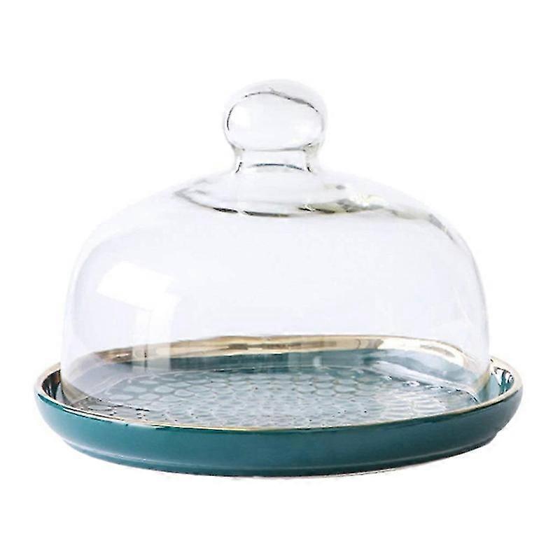 Ceramic Cake Tray Serving Plates Platter With Dome Glass Cover Multi-purpose Use